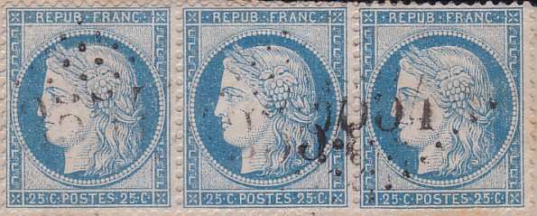 n°60B 075D4 076D4R 077D4R, fantastique bande de 3 sur lettre du 14 mars 1874