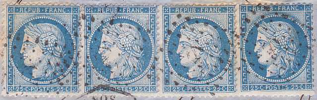 n°60B 137D5RIII 138D5 139D5 140D5RIII, bande de 4, types III II II III sur lettre du 24 mars 1874